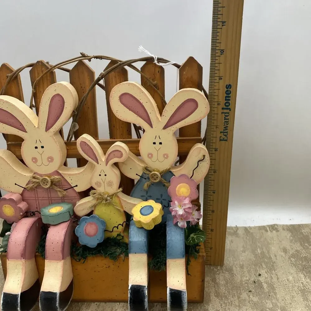 Hand crafted wooden Easter bunnies flowers Decor centerpiece 8X2.5X9.75” Tall